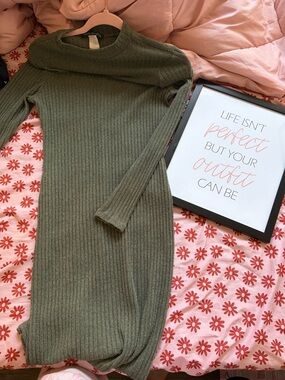 French Atmosphere Olive Green Ribbed Turtleneck Sweater Dress